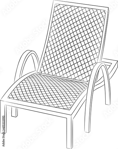 Line art illustration of beach sun lounger. 
Vector illustration of chaise longue wave for relaxing on the beach, in the garden, in the patio. Summer adjustable deck chair with armrests in vector.