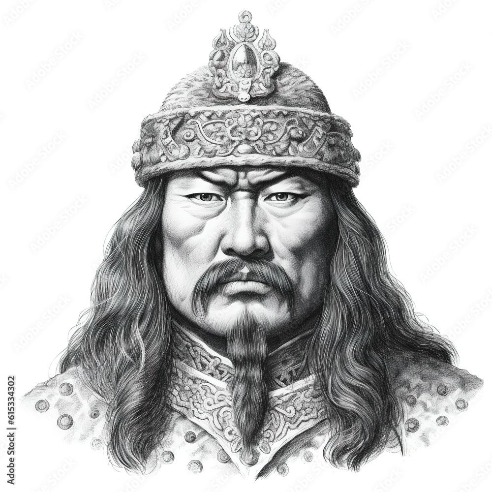 Black and white vintage engraving, headshot portrait of Genghis Khan (or Gengis) with a hat, beard and moustache, face straight-on, facing camera, white background - Generative AI