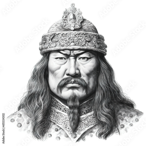 Black and white vintage engraving, headshot portrait of Genghis Khan (or Gengis) with a hat, beard and moustache, face straight-on, facing camera, white background - Generative AI photo