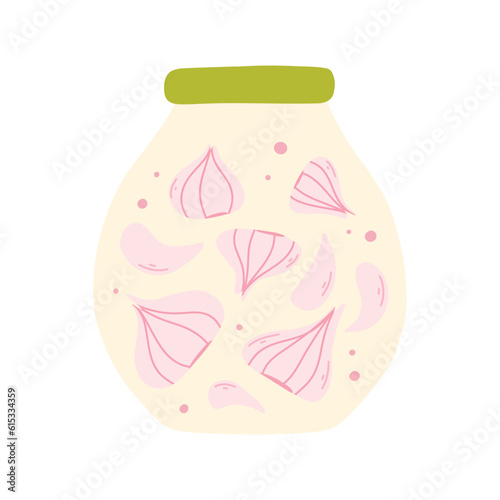 A jar of canned garlic. Vector illustration of homemade pickle. Flat style. Hand-drawn jar with canned vegetables.