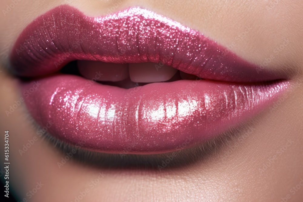 Obraz premium Close up of a girls lips with lipstick and glitter. Generative AI