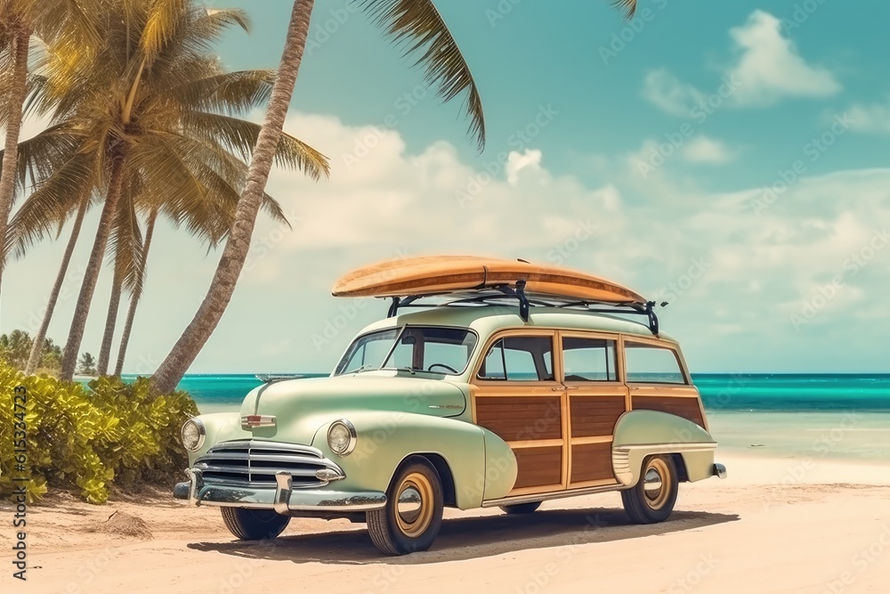 Vintage car parked on the tropical beach with a surfboard on the roof. Generative AI