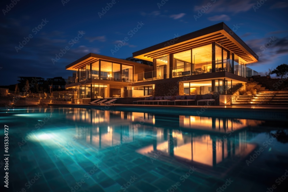 Large modern house with lighting and swimming pool at night. Generative AI