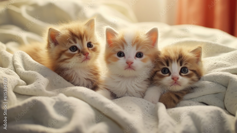 Cute kittens on a blanket on bed. Generative AI Cute kittens on a blanket on bed. Generative AI