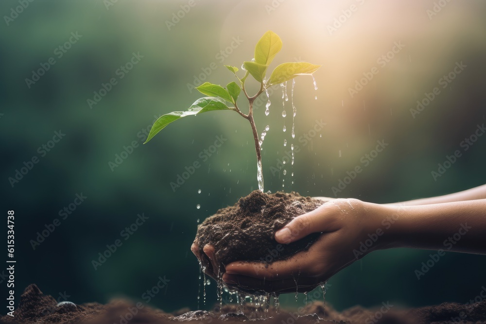 Fototapeta premium Women's hands plant a tree World Environment Day concept of planting forests. Earth day concept. Generative AI
