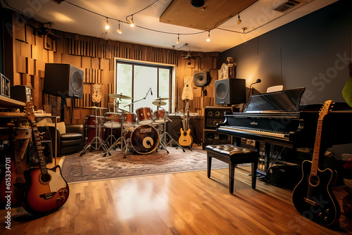 A music room with instruments and a recording studio
