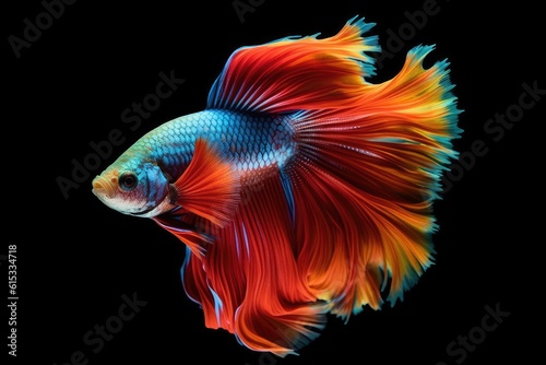 Betta fish. Colorful Siamese tropical fish with beautiful silk tail on black background. Generative AI © Lubos Chlubny