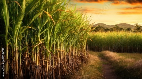 Sugar cane stalks on plantation. Generative AI