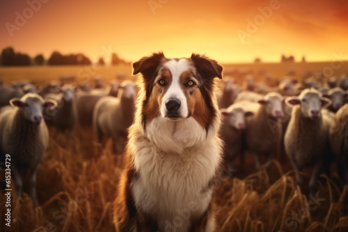 Generative AI Australian Shepherd working as sheepdogs with flock of sheep in a meadow at sunset. Aussie is a smart, beautiful, strong and hardy working dog breed. Front view close portrait. © Nikolai
