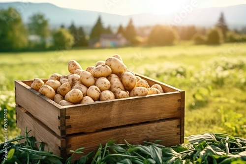 Wooden box full of potatoes in a field. Generative AI