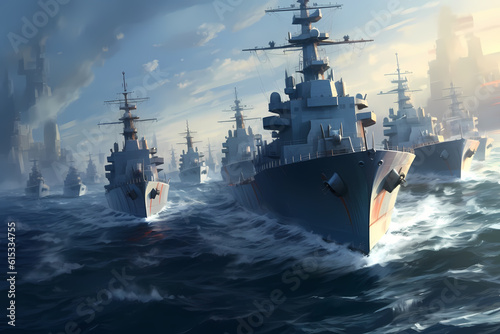 Combat military A fleet of naval ships. Generative AI