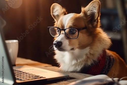 Generative AI. The concept of digital nomads of the 21st century. Red Welsh corgi Pembroke with glasses is working on a laptop in a cafe. The dog is a smart freelancer at home.