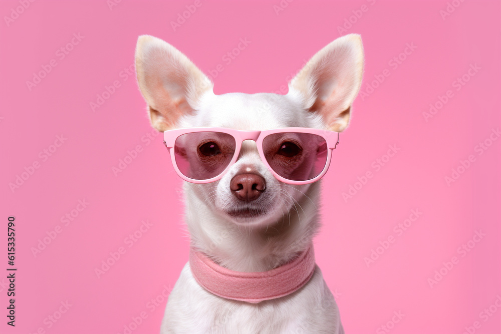 Adorable and amusing chihuahua dog sporting stylish sunglasses against a vibrant pink backdrop, radiating charm and playfulness in this delightful scene. Ai generated