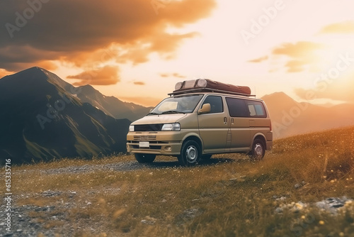 Generative AI Family vacation travel RV, holiday trip in motorhome. Camper in a scenic mountain location at sunset. Alternative vanlife vacation concept. © Nikolai