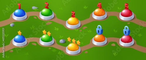 Game level progress indicator on green lawn. Vector cartoon illustration of colorful buttons marked with numbers, closed locks and bonus golden stars along road. Gaming user interface design element