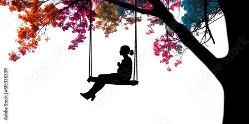 Captivating silhouette of a person on a swing beneath colorful cherry blossoms, conveying poetry and emotion through minimalistic, vibrant imagery. Generative AI photo