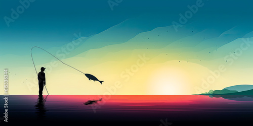 Captivating minimalist silhouette of a person fishing by a lake, featuring striking Chinese shadows on a white background and vibrant colorful fish leaping out. Generative AI