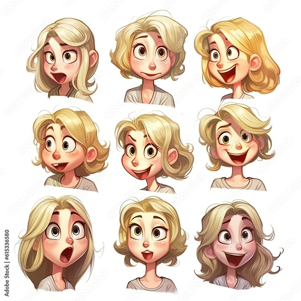 Cute cartoon girl , blonde shot hair, smile face, laughing, happy, angry, many different facial expressions, white background Cute cartoon girl , blonde shot hair, smile face, laughing, happy, angry, many different facial expressions, white background