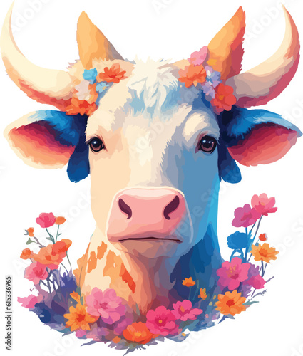 1 of 12 Chinese zodiac pictures. Pastel style watercolor ox illustration with colorful flowers.