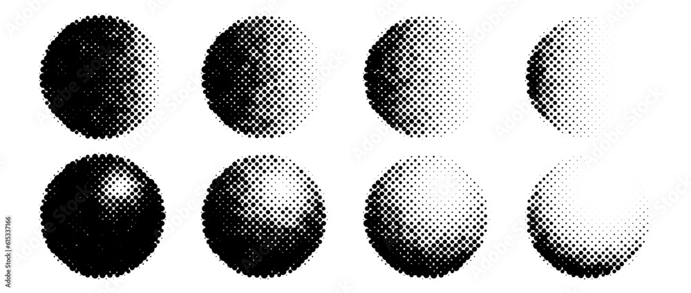 Halftone circle shapes set. Dotted textured spheres collection. Round fading gradient in comic and pop art style. Black spotted design elements bundle. Rasterized and pixelated background pack. Vector