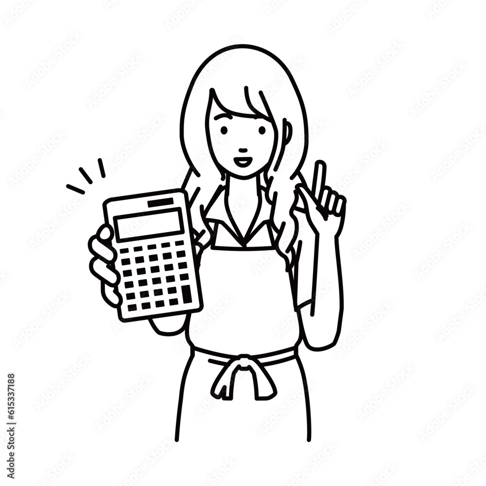 立って電卓を持ってこちらに向けて見せているエプロンをした店員の女性 立って電卓を持ってこちらに向けて見せているエプロンをした店員の女性