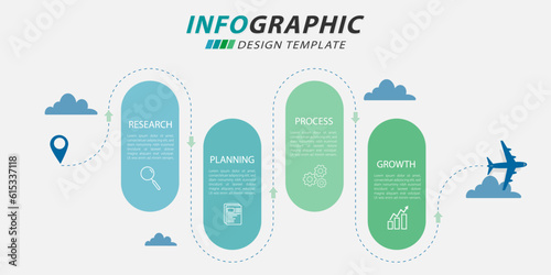 Infographic design template. Timeline concept with 4 options or steps template. layout, diagram, annual, airplanes, travel, report, presentation. Vector illustration.
