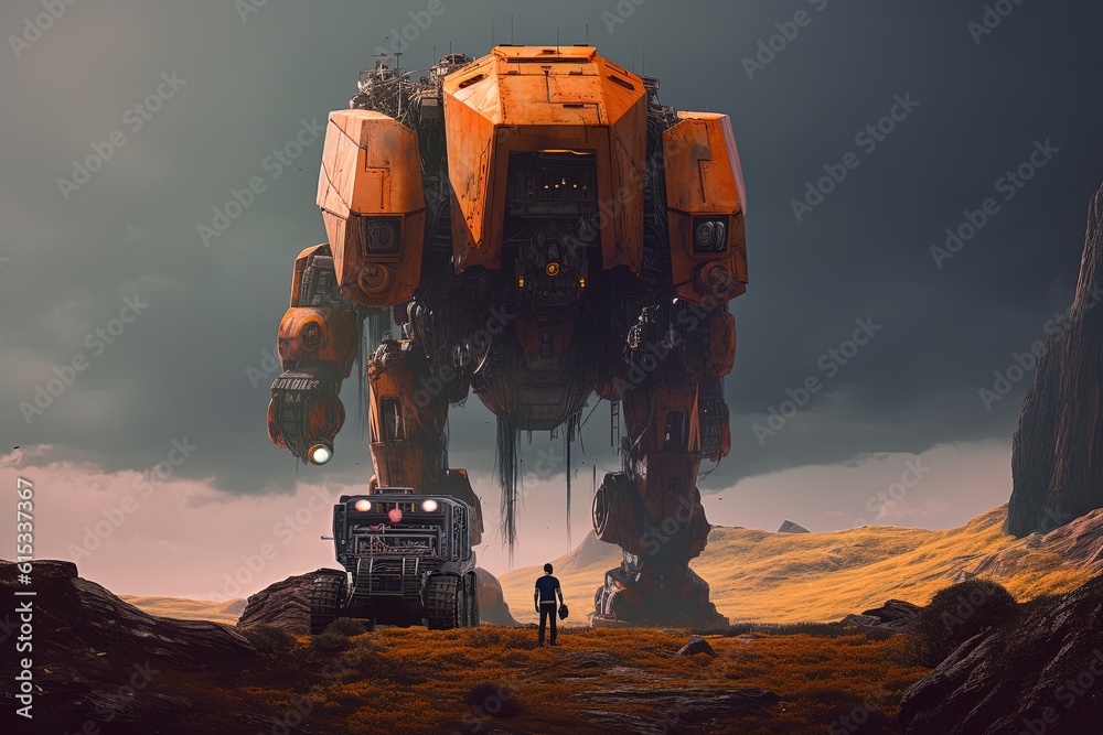 Man and Giant Robot stormy sky and an alien land Man and Giant Robot stormy sky and an alien land
