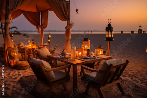 Luxury romantic candlelight dinner table setup for couple in ocean view restaurant on Valentine's day with Champaign & wine glasses and beautiful food decoration,Generative AI