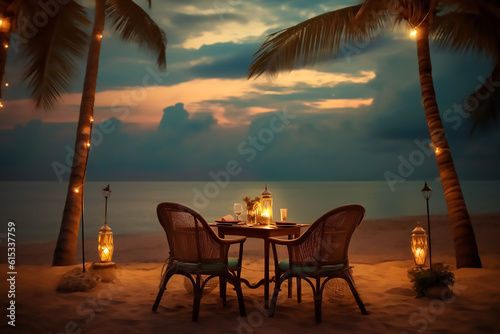 Luxury romantic candlelight dinner table setup for couple in ocean view restaurant on Valentine\'s day with Champaign & wine glasses and beautiful food decoration,Generative AI