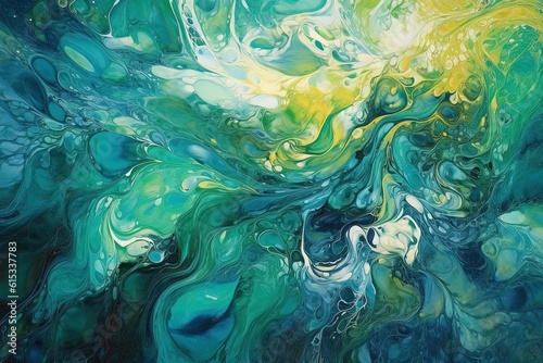 Swirling oil patterns of waves in blue and green