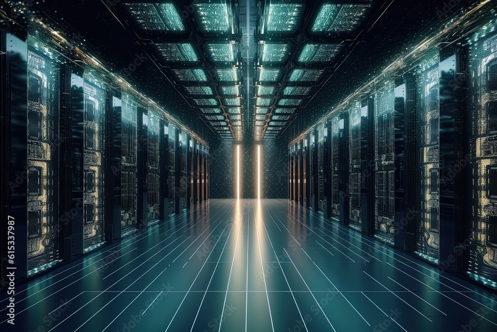 Modern datacenter of servers and SSDs in modern light