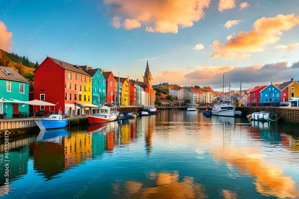 A charming coastal village with colorful houses, a scenic harbor, and fishing boats bobbing in the water.