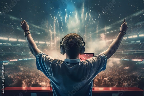 rear view Professional eSports gamer rejoicing victory and computer gaming room background