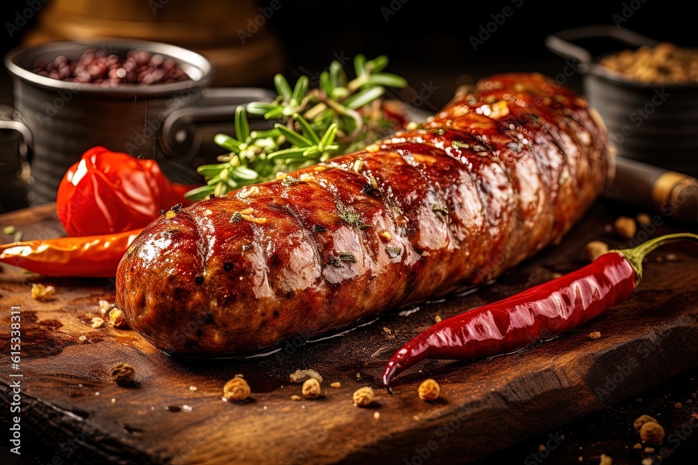 Hot rustic sausage on a wooden background