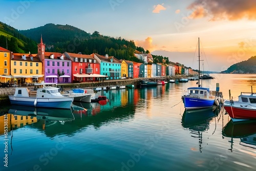 A charming coastal village with colorful houses, a scenic harbor, and fishing boats bobbing in the water.