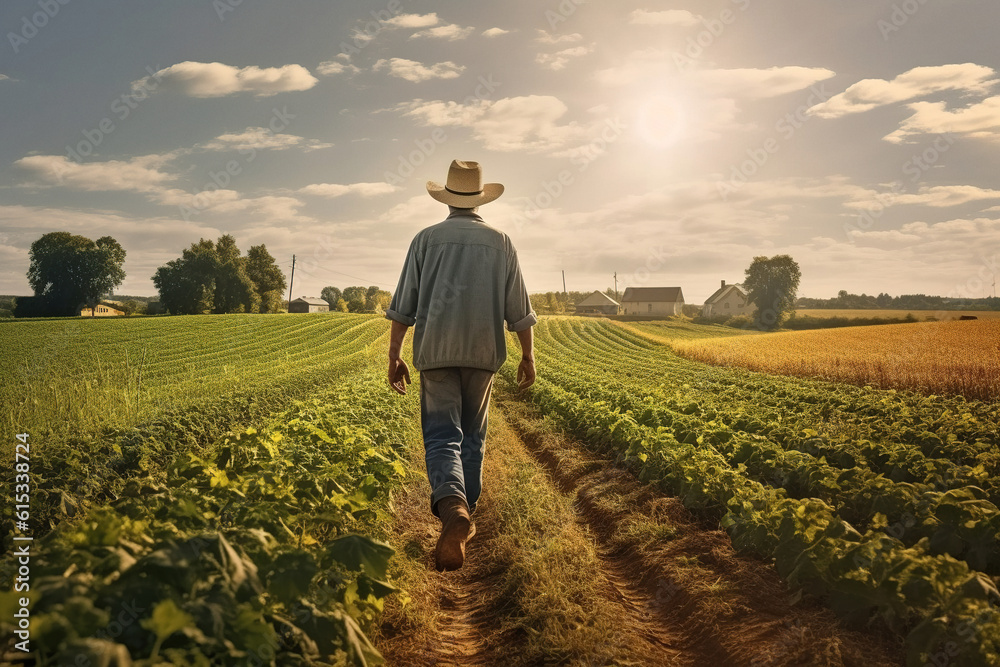 Fototapeta premium A farmer walks at agriculture field at sunset. Rear view, unrecognisable person