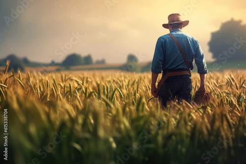 A farmer in the field of wheat at sunset. Rear view, unrecognisable person