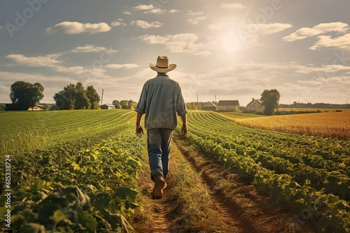 A farmer walks at agriculture field at sunset. Rear view  unrecognisable person
