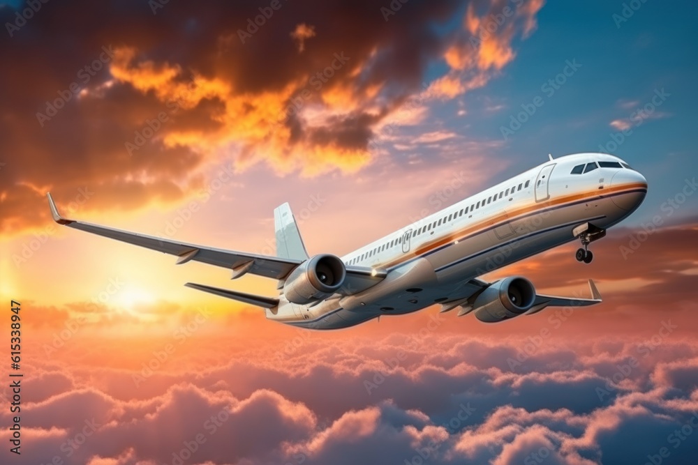 Obraz premium The plane flew over a skylight at sunset. Passengers Jet among dramatic clouds travel.