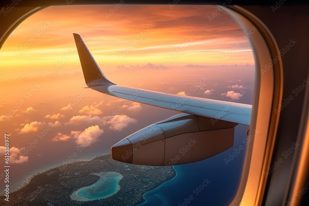 Airplane wing flying plane jet over tropical islands in ocean, view from window at sunset in summer