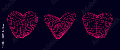 Distorted neon pink wireframe heart shapes set. Wrap grid design elements. Love and romantic or cardiology concept for posters, templates, flyers, banners. Vector bundle 