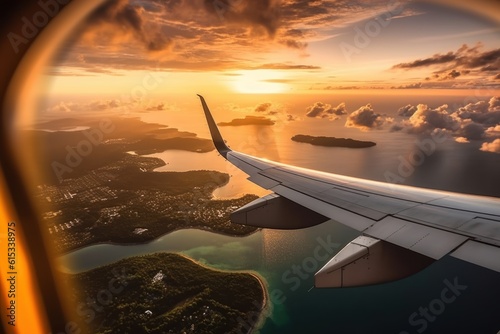 Fotografia Airplane wing flying plane jet over tropical islands in ocean, view from window