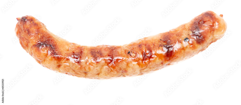Grilled sausage isolated on white background. Top view. Flat lay Grilled sausage isolated on white background. Top view. Flat lay