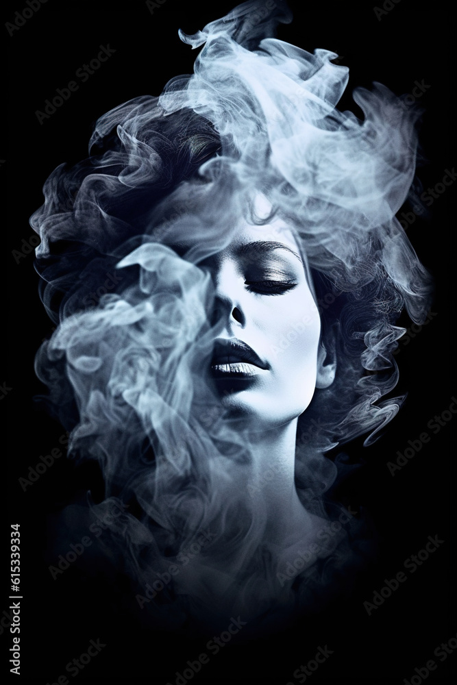 Woman in the clouds of smoke and dust. Stunning photorealistic portrait in black and white