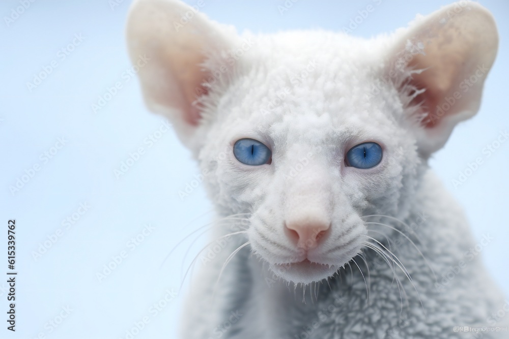 Albino anthropomorphic person animal portrait with blue eyes in the snow, realistic, detailed, photographic Generative AI