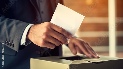 Businessman holds envelope in hand above vote ballot , Election and democracy concept , Created with Generative Ai Technology