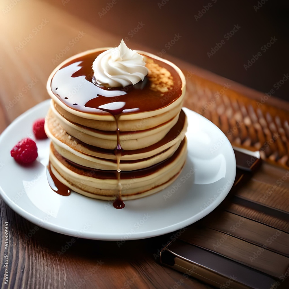 Pancake with cream and jam on a neutral background created and generated by AI Pancake with cream and jam on a neutral background created and generated by AI