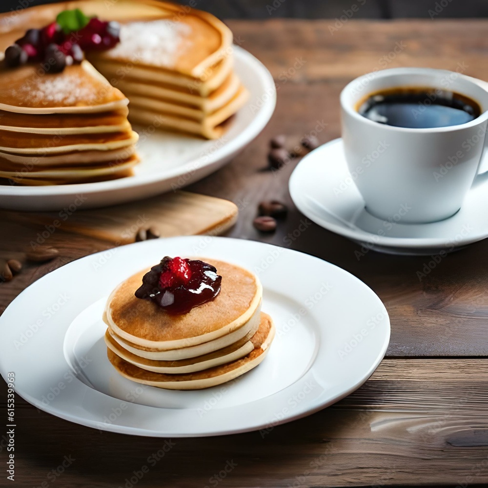 Pancake with cream and jam on a neutral background created and generated by AI Pancake with cream and jam on a neutral background created and generated by AI