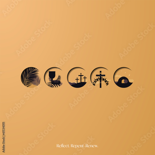 Beautiful Catholic Icon Symbols on sunset golden hour poster. Set of Palms, loaf and chalice, three crosses, crown of thorns, open tomb. Reflect, repent, renew. Vector Illustration. EPS 10.