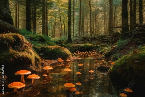 Amazing forest with a serene small river or babbling creek harmonizes with towering trees and mushrooms, creating a magical and captivating natural landscape. Ai generated